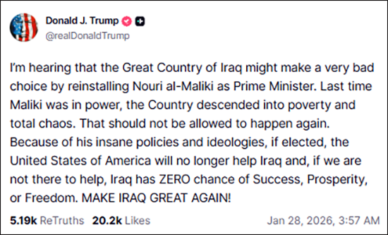 特朗普威胁伊拉克断供援助“真实社交”